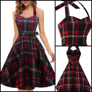 Topdress Clueless Vintage Plaid Audrey Dress 1950s Halter Retro Cocktail Dress L